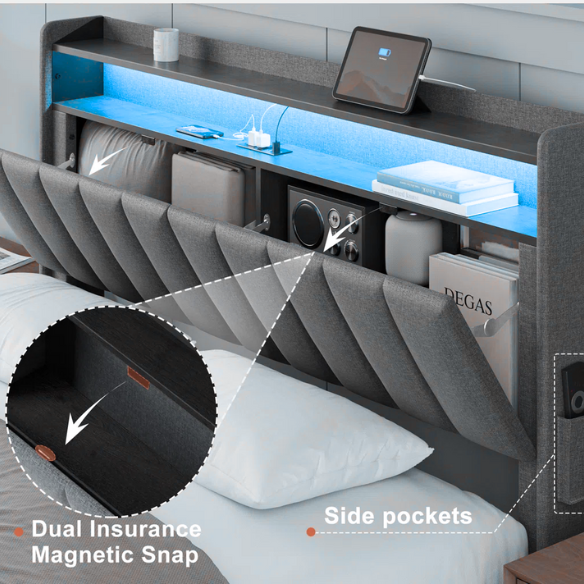 Gray full-size upholstered platform bed with LED headboard, hidden storage compartments, and built-in USB and AC outlets