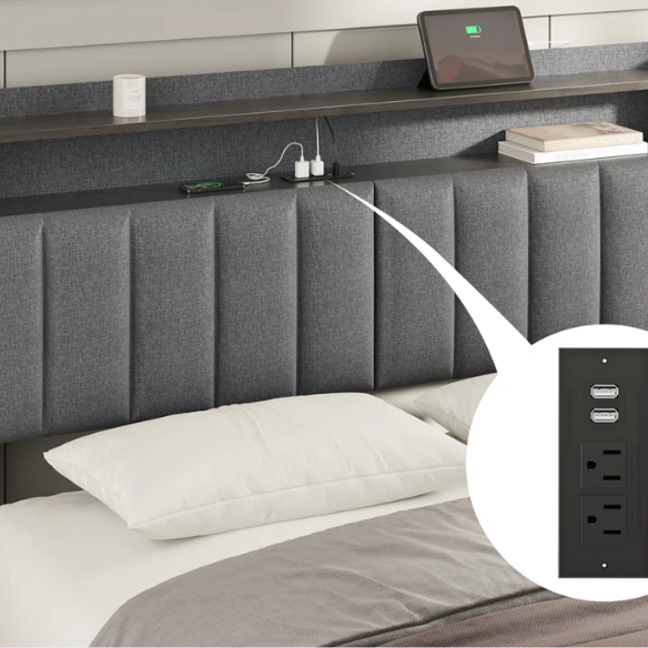 Gray full-size upholstered platform bed with LED headboard, hidden storage compartments, and built-in USB and AC outlets