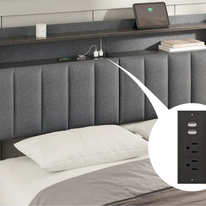 Gray full-size upholstered platform bed with LED headboard, hidden storage compartments, and built-in USB and AC outlets