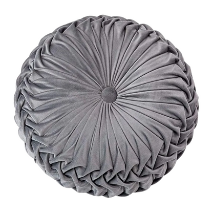 Gray velvet round throw pillow with ribbed edges and button closure, luxurious soft cotton fill, elegant decorative cushion for sofa or home décor.