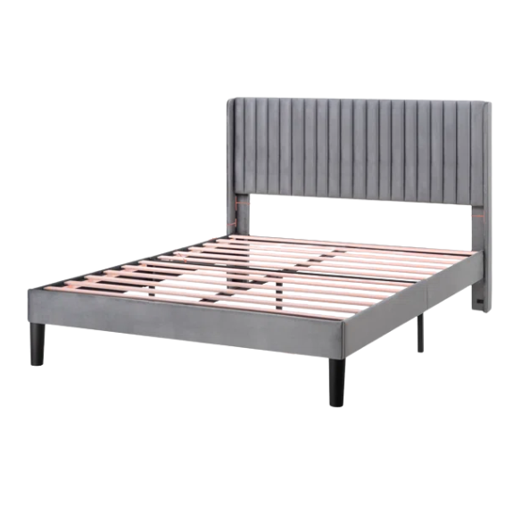 "Gray full-size velvet upholstered platform bed with tufted wingback headboard and solid wood slats