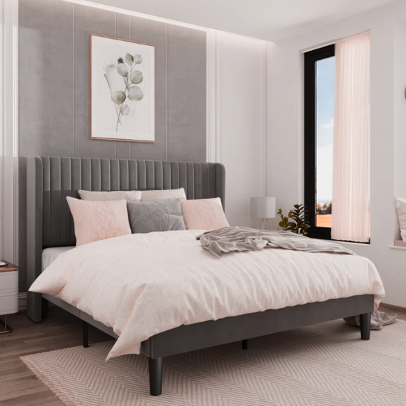 "Gray full-size velvet upholstered platform bed with tufted wingback headboard and solid wood slats