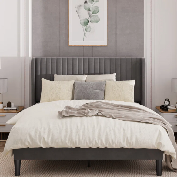 Gray full-size velvet upholstered platform bed with tufted wingback headboard and solid wood slats