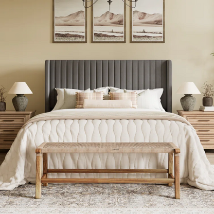 Gray full-size velvet upholstered platform bed with tufted wingback headboard and solid wood slats