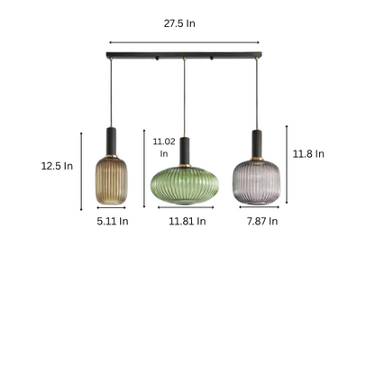 Modern Green, Amber, and Grey Glass Pendant Light with Gold Accents – Stylish Chandelier for Dining and Living Rooms
