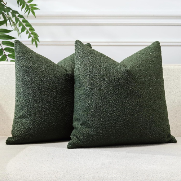 Green boucle throw pillow cover with soft loop texture, 18x18 inches – cozy modern accent for sofa, bed, or armchair