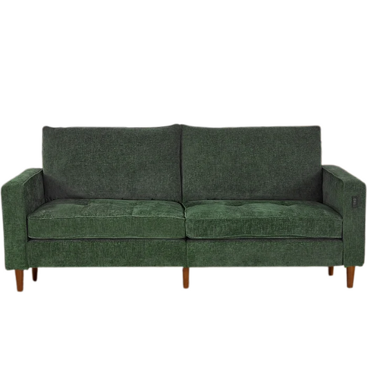 Green chenille loveseat with tufted back, square arms, wooden legs, USB charging ports, and removable washable cushions—ideal for modern and eclectic living spaces

