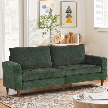 Green chenille loveseat with tufted back, square arms, wooden legs, USB charging ports, and removable washable cushions—ideal for modern and eclectic living spaces

