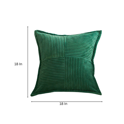 Green corduroy throw pillow cover with geometric striped pattern, 45x45 cm, modern and eco-friendly design, perfect for home décor, living rooms, offices, and patios.