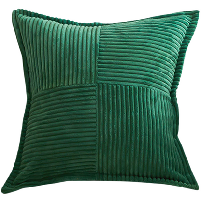 Green corduroy throw pillow cover with geometric striped pattern, 45x45 cm, modern and eco-friendly design, perfect for home décor, living rooms, offices, and patios.