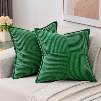 Green corduroy throw pillow cover with geometric striped pattern, 45x45 cm, modern and eco-friendly design, perfect for home décor, living rooms, offices, and patios.