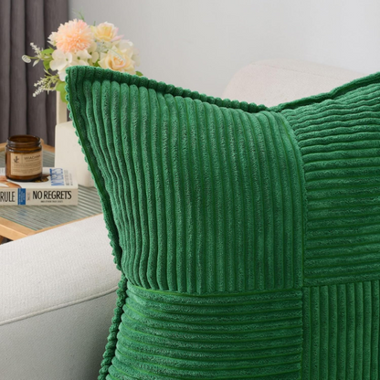 Green corduroy throw pillow cover with geometric striped pattern, 45x45 cm, modern and eco-friendly design, perfect for home décor, living rooms, offices, and patios.