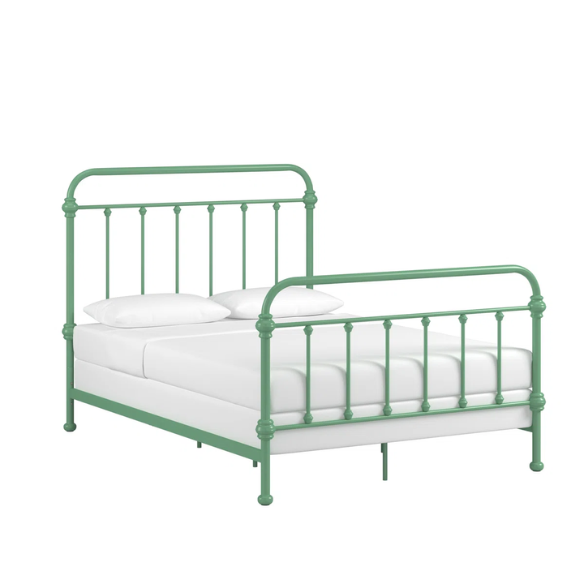 Green full size metal bed frame with spindle headboard and footboard, decorative finials, and center support legs.