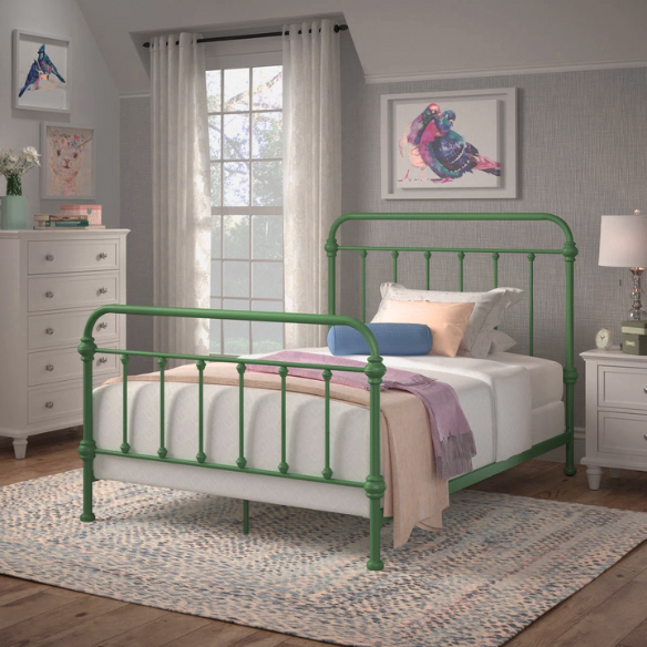 Green full size metal bed frame with spindle headboard and footboard, decorative finials, and center support legs.