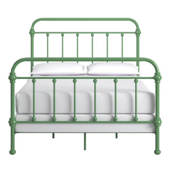 Green full size metal bed frame with spindle headboard and footboard, decorative finials, and center support legs