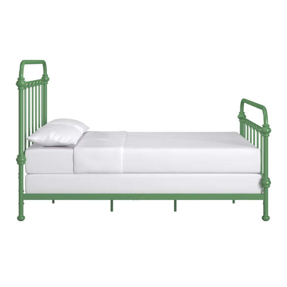 Green full size metal bed frame with spindle headboard and footboard, decorative finials, and center support legs.