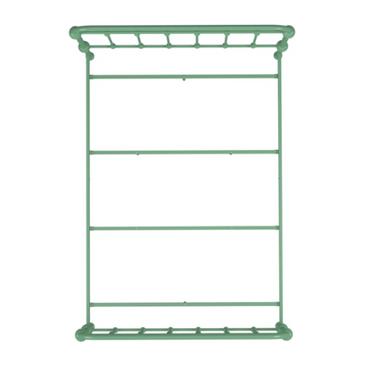 Green full size metal bed frame with spindle headboard and footboard, decorative finials, and center support legs.