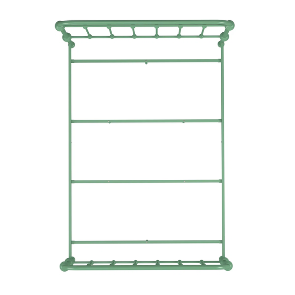 Green full size metal bed frame with spindle headboard and footboard, decorative finials, and center support legs.