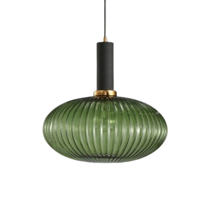 Green glass pendant light with black metal accents and gold finish, modern industrial chandelier for dining room, kitchen, or living room.