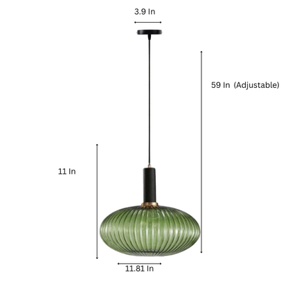 Green glass pendant light with black metal accents and gold finish, modern industrial chandelier for dining room, kitchen, or living room.