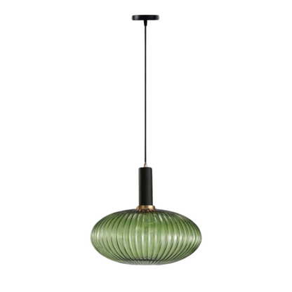 Green glass pendant light with black metal accents and gold finish, modern industrial chandelier for dining room, kitchen, or living room.