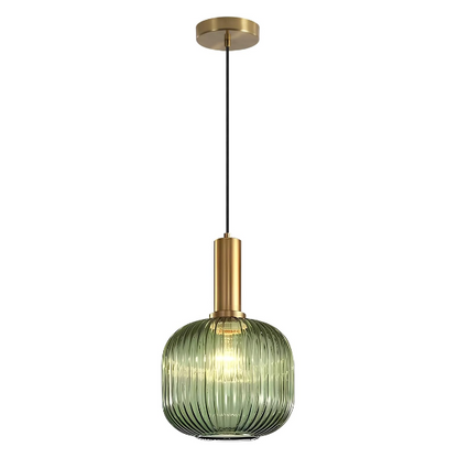 Green glass pendant light with gold accent finishes, modern ceiling fixture for kitchen, dining room, and living room.
