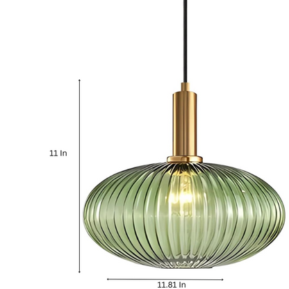 Green glass pendant light with gold accents and matte black metal frame – modern industrial chandelier for dining, living room, or kitchen.