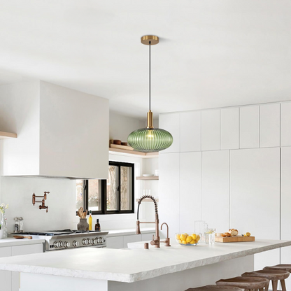 Green glass pendant light with gold accents and matte black metal frame – modern industrial chandelier for dining, living room, or kitchen.
