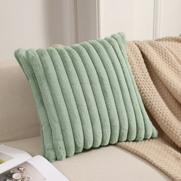 Soft green striped throw pillow cover with faux wool front and velvet back, 16x16 size.