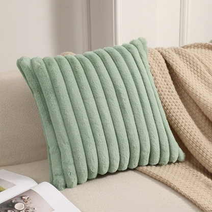 Soft green striped throw pillow cover with faux wool front and velvet back, 16x16 size.