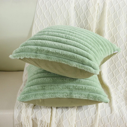 Soft green striped throw pillow cover with faux wool front and velvet back, 16x16 size.