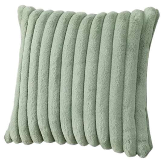 Soft green striped throw pillow cover with faux wool front and velvet back, 16x16 size.