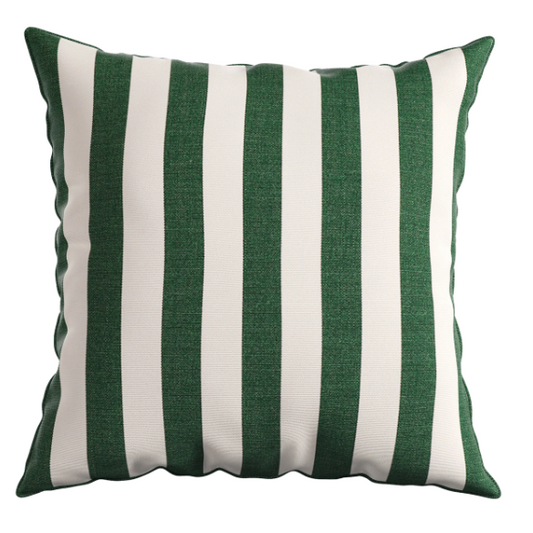 Striped accent pillow in green and white – reversible, weather-resistant, and overstuffed with polyester fill for both indoor and outdoor use.

