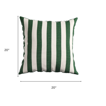 Striped accent pillow in green and white – reversible, weather-resistant, and overstuffed with polyester fill for both indoor and outdoor use.

