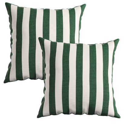 Striped accent pillow in green and white – reversible, weather-resistant, and overstuffed with polyester fill for both indoor and outdoor use.

