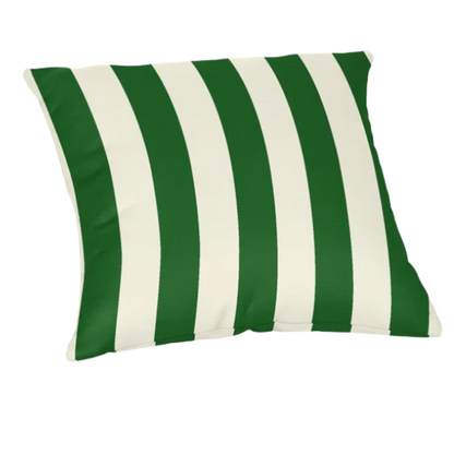 Striped accent pillow in green and white – reversible, weather-resistant, and overstuffed with polyester fill for both indoor and outdoor use.

