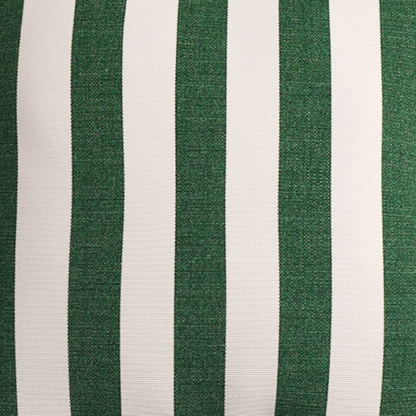Striped accent pillow in green and white – reversible, weather-resistant, and overstuffed with polyester fill for both indoor and outdoor use.

