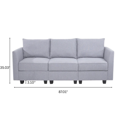 Grey 3-piece modular sofa with storage, flared arms, and deep seating — ideal for small apartments and contemporary interiors.

