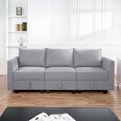 Grey 3-piece modular sofa with storage, flared arms, and deep seating — ideal for small apartments and contemporary interiors.

