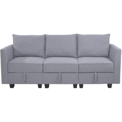 Grey 3-piece modular sofa with storage, flared arms, and deep seating — ideal for small apartments and contemporary interiors.

