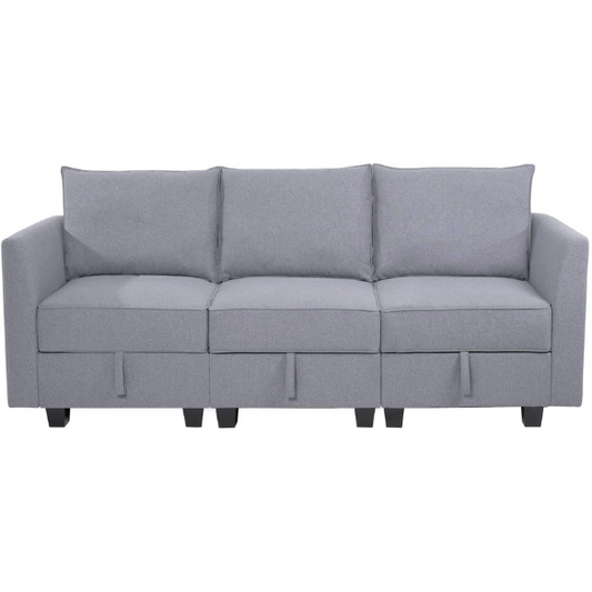 Grey 3-piece modular sofa with storage, flared arms, and deep seating — ideal for small apartments and contemporary interiors.

