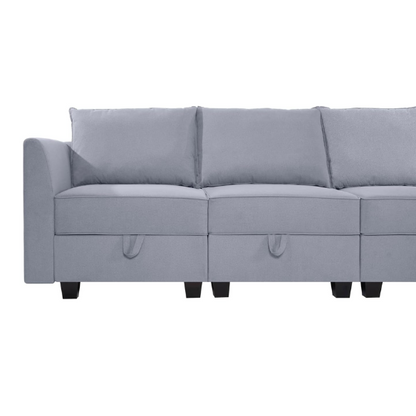 Grey 3-piece modular sofa with storage, flared arms, and deep seating — ideal for small apartments and contemporary interiors.

