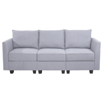 Grey 3-piece modular sofa with storage, flared arms, and deep seating — ideal for small apartments and contemporary interiors.

