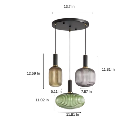 Grey, Amber, and Green Glass Pendant Light with Gold Accents – Modern Chandelier for Dining, Living, and Kitchen