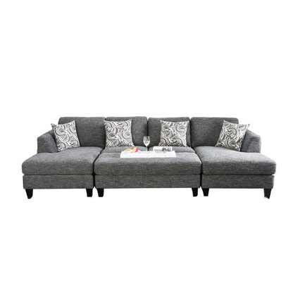 4-piece grey modular sectional sofa with dual chaises, chenille upholstery, flared arms, and accent pillows