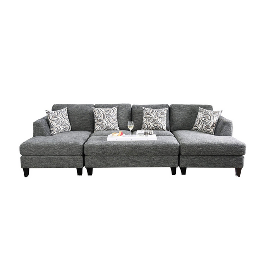 4-piece grey modular sectional sofa with dual chaises, chenille upholstery, flared arms, and accent pillows