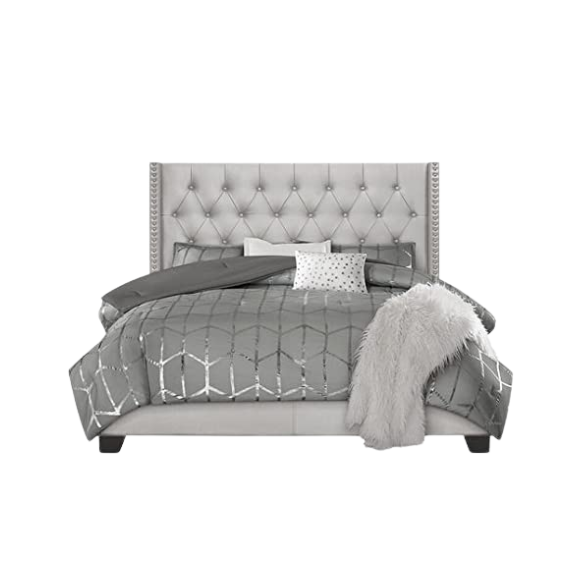 Grey faux leather full size upholstered bed with button-tufted wingback headboard, nailhead trim, and center support legs.