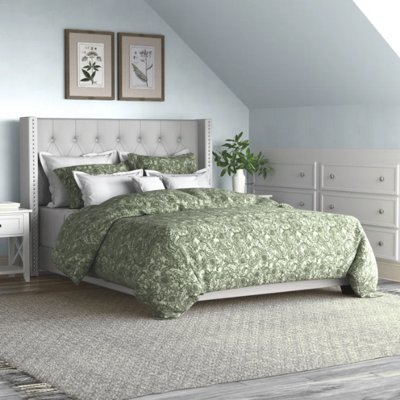 Grey faux leather full size upholstered bed with button-tufted wingback headboard, nailhead trim, and center support legs.