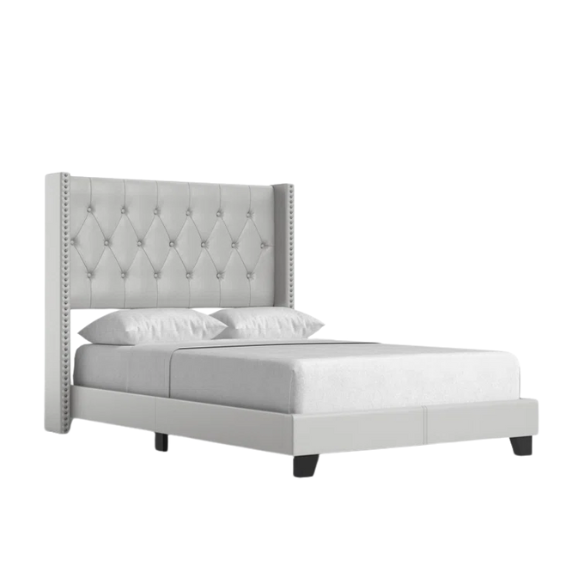 Grey faux leather full size upholstered bed with button-tufted wingback headboard, nailhead trim, and center support legs.