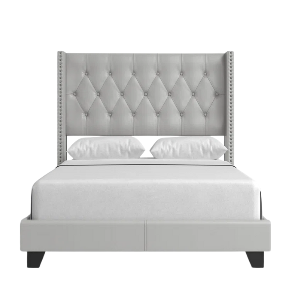 Grey faux leather full size upholstered bed with button-tufted wingback headboard, nailhead trim, and center support legs.